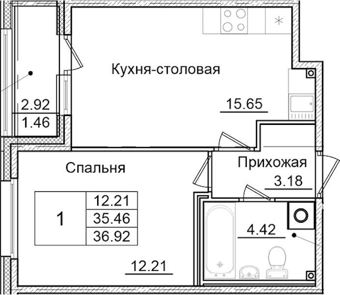 1-комнатная квартира 36.92 м², 2/9 эт., ЖК «Квартал Заречье»